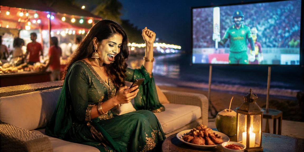 সেন্ট মার্টিনে সমুদ্র সৈকতে মোবাইলে ক্রিকেট বেটিং করছেন একজন ব্যবহারকারী